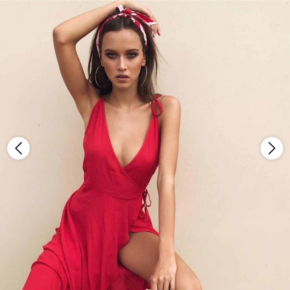 Mink Pink wrap midi dress Red S XS strappy tie waist frill hem cocktail v-neck - Picture 3 of 11